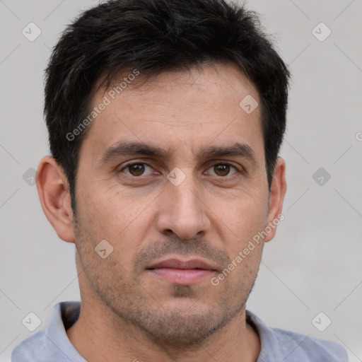 Neutral white adult male with short  brown hair and brown eyes