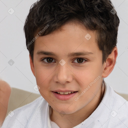 Joyful white child male with short  brown hair and brown eyes