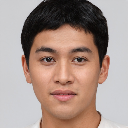 Neutral asian young-adult male with short  black hair and brown eyes