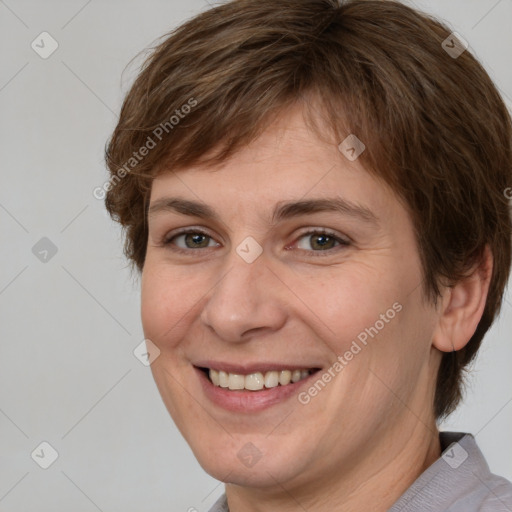 Joyful white adult female with medium  brown hair and brown eyes