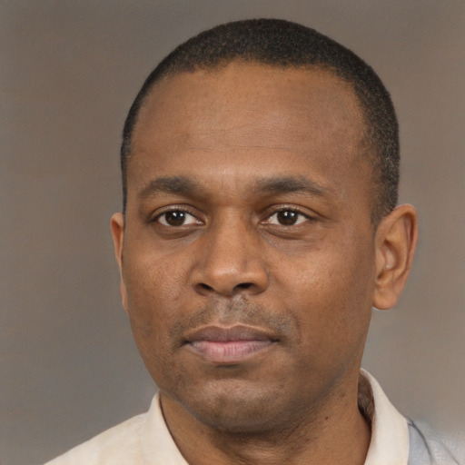 Neutral black adult male with short  brown hair and brown eyes