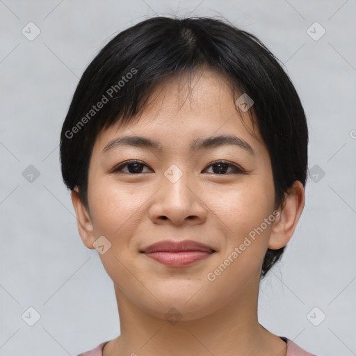 Joyful asian young-adult female with short  black hair and brown eyes