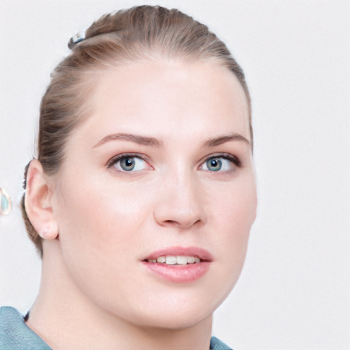 Joyful white young-adult female with medium  brown hair and blue eyes