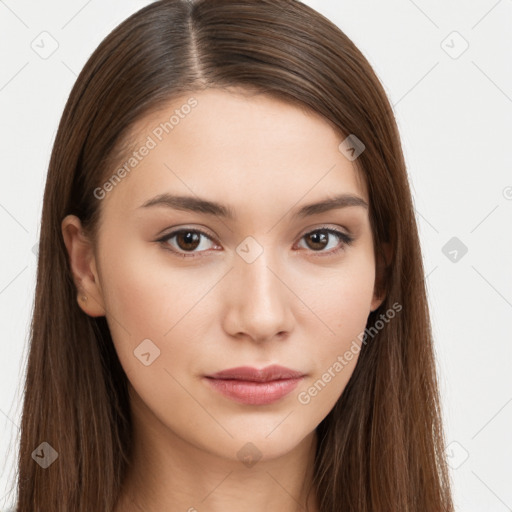 Neutral white young-adult female with long  brown hair and brown eyes