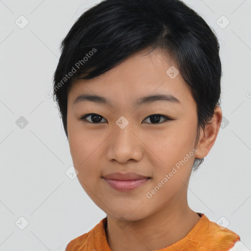 Joyful asian young-adult female with short  black hair and brown eyes