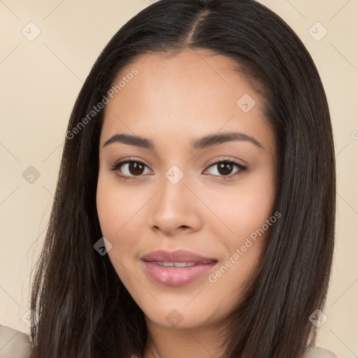 Neutral white young-adult female with long  black hair and brown eyes