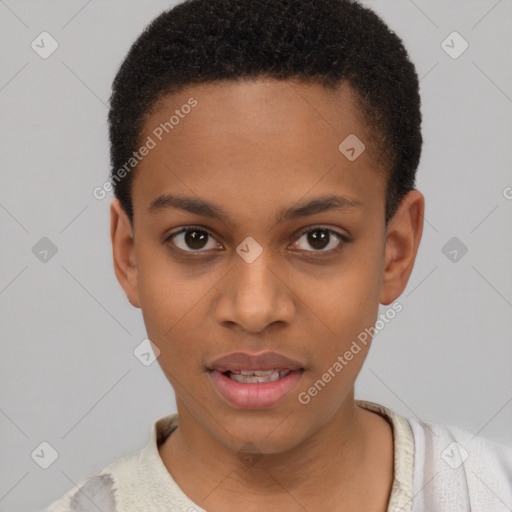 Joyful latino young-adult female with short  black hair and brown eyes