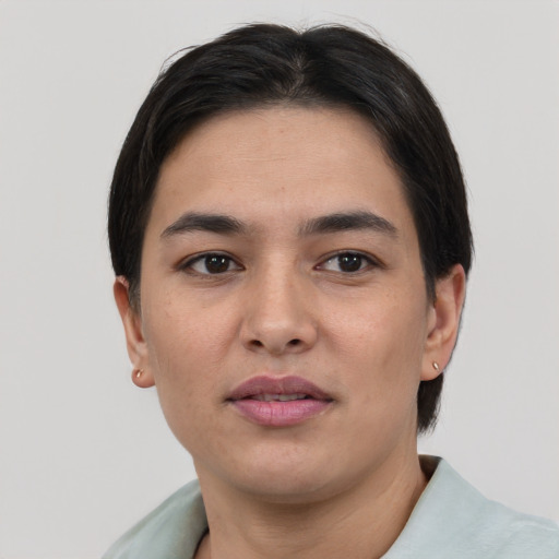 Neutral asian young-adult female with short  black hair and brown eyes