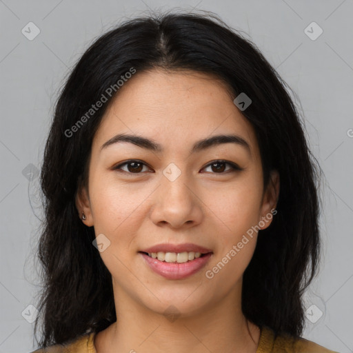 Joyful latino young-adult female with medium  brown hair and brown eyes