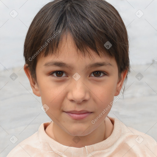 Joyful white child female with short  brown hair and brown eyes