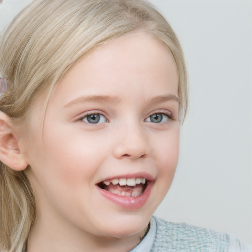 Joyful white child female with medium  brown hair and blue eyes