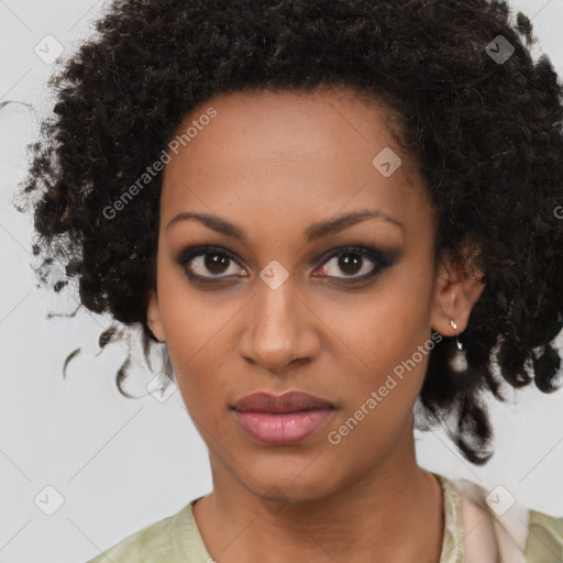 Joyful black young-adult female with medium  brown hair and brown eyes