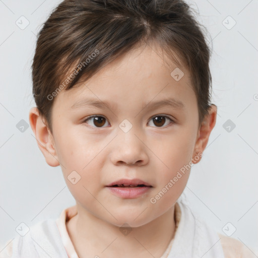 Joyful white child male with short  brown hair and brown eyes