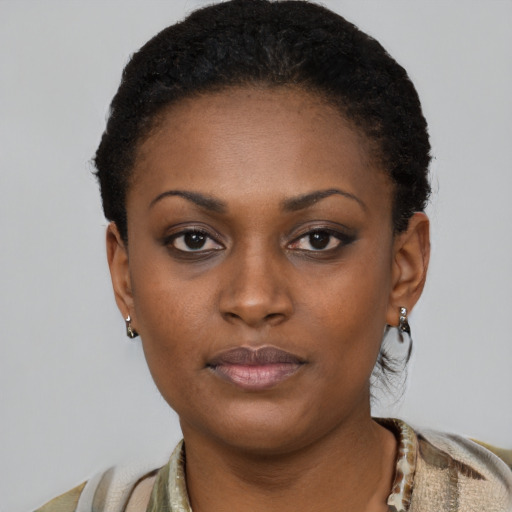 Neutral black young-adult female with short  black hair and brown eyes