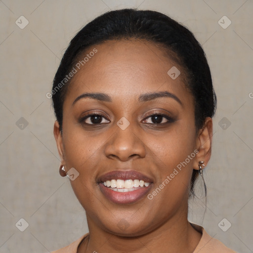 Joyful latino young-adult female with short  black hair and brown eyes