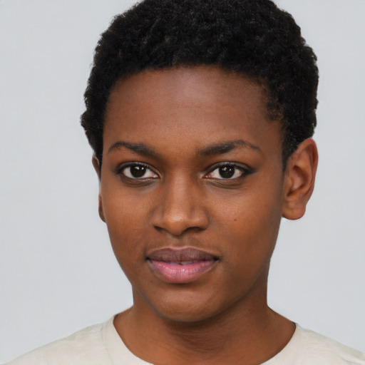 Neutral black young-adult female with short  black hair and brown eyes
