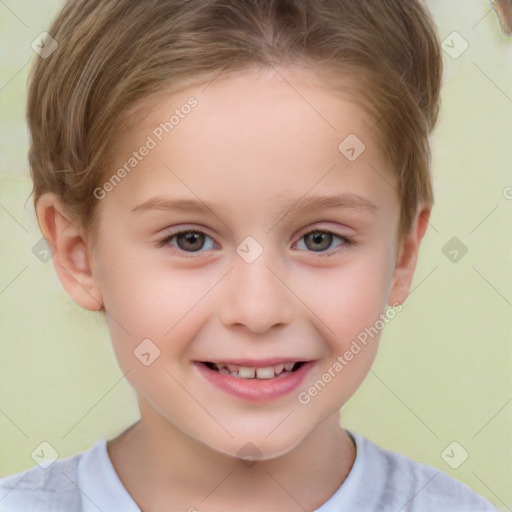 Joyful white child female with short  brown hair and brown eyes