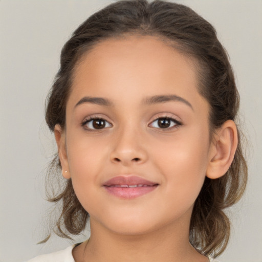 Joyful white child female with medium  brown hair and brown eyes