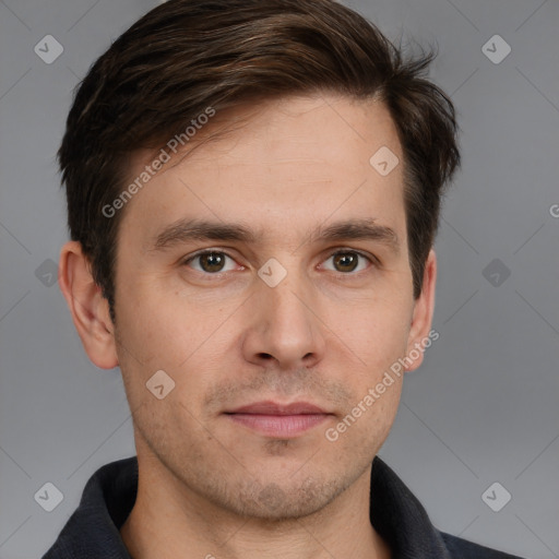 Neutral white young-adult male with short  brown hair and brown eyes