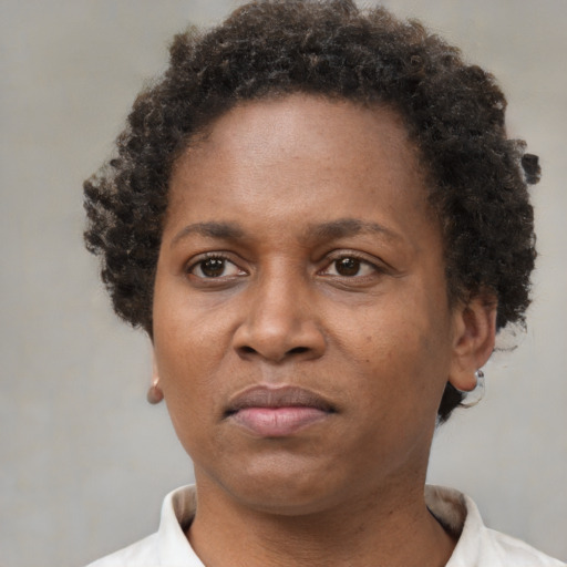 Neutral black adult female with short  brown hair and brown eyes