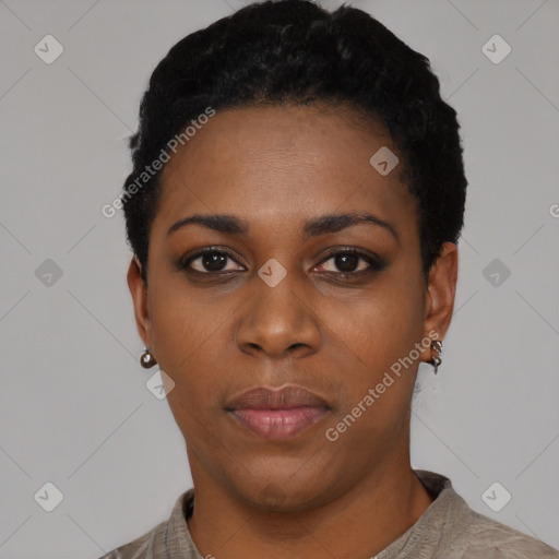 Neutral black young-adult female with short  black hair and brown eyes