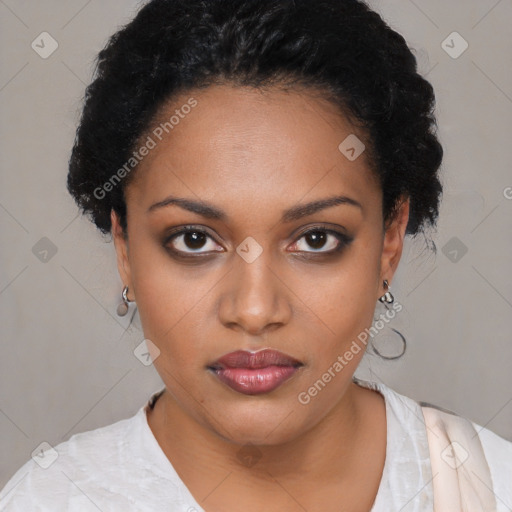 Joyful black young-adult female with medium  black hair and brown eyes