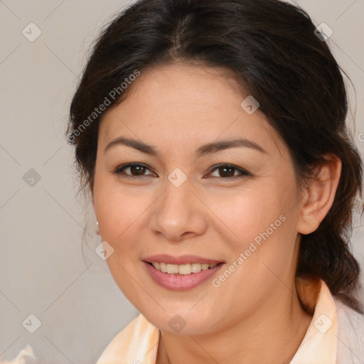 Joyful white young-adult female with medium  brown hair and brown eyes