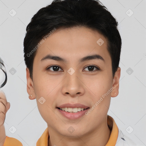 Joyful asian young-adult female with short  brown hair and brown eyes