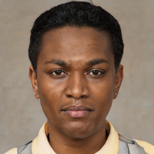 Neutral black young-adult male with short  black hair and brown eyes
