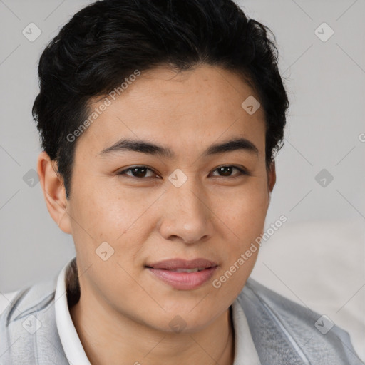 Joyful asian young-adult male with short  brown hair and brown eyes