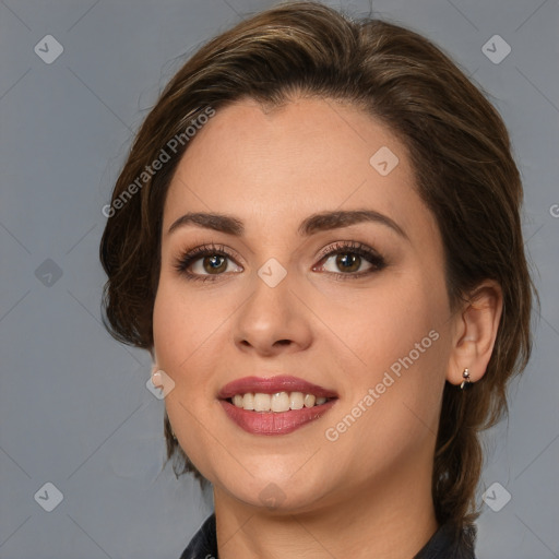 Joyful white young-adult female with medium  brown hair and brown eyes