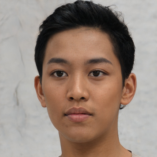 Neutral asian young-adult female with short  black hair and brown eyes