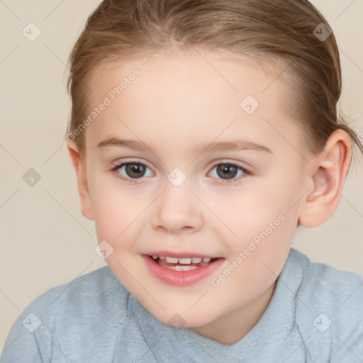 Joyful white child female with medium  brown hair and brown eyes