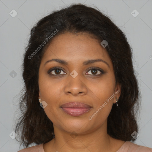 Joyful black young-adult female with medium  brown hair and brown eyes