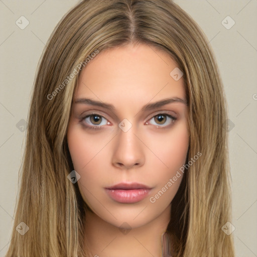 Neutral white young-adult female with long  brown hair and brown eyes