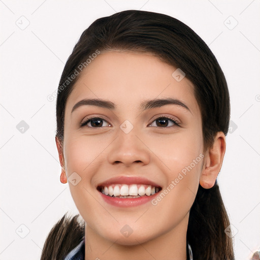 Joyful white young-adult female with long  black hair and brown eyes