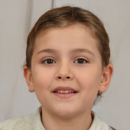 Joyful white child female with short  brown hair and brown eyes