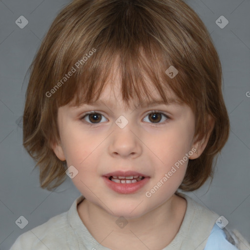 Joyful white child female with medium  brown hair and brown eyes