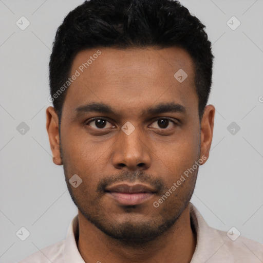 Neutral latino young-adult male with short  black hair and brown eyes