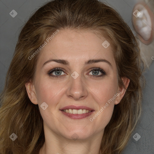 Joyful white young-adult female with long  brown hair and grey eyes