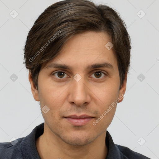 Neutral white adult male with short  brown hair and brown eyes