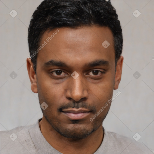 Neutral latino young-adult male with short  black hair and brown eyes