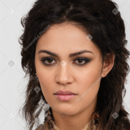 Neutral latino young-adult female with long  brown hair and brown eyes