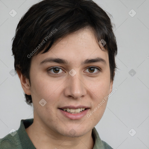 Joyful white young-adult female with medium  brown hair and grey eyes