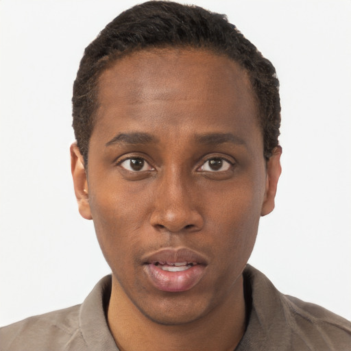 Neutral black young-adult male with short  brown hair and brown eyes