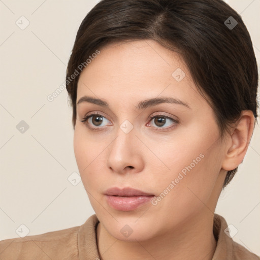 Neutral white young-adult female with short  brown hair and brown eyes