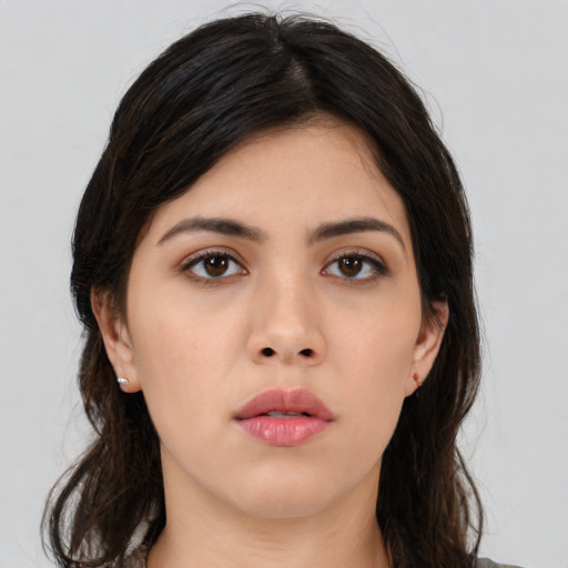 Neutral asian young-adult female with long  black hair and brown eyes