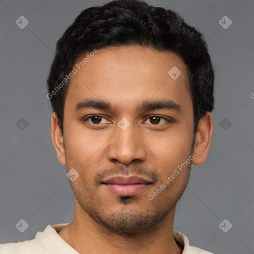 Neutral latino young-adult male with short  black hair and brown eyes