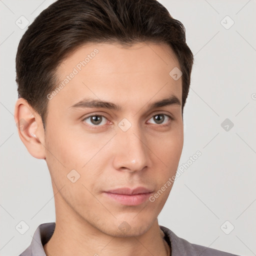 Neutral white young-adult male with short  brown hair and brown eyes