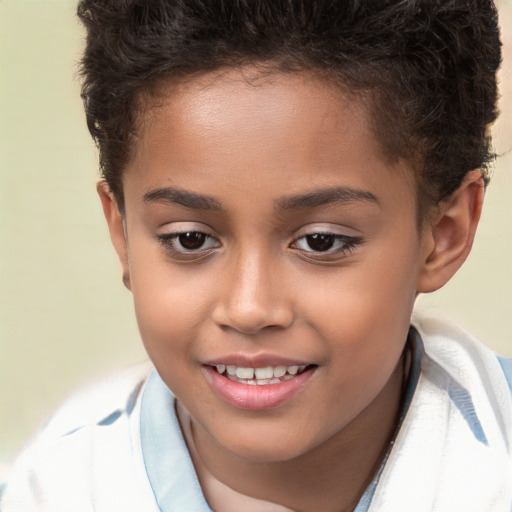 Joyful white child female with short  brown hair and brown eyes